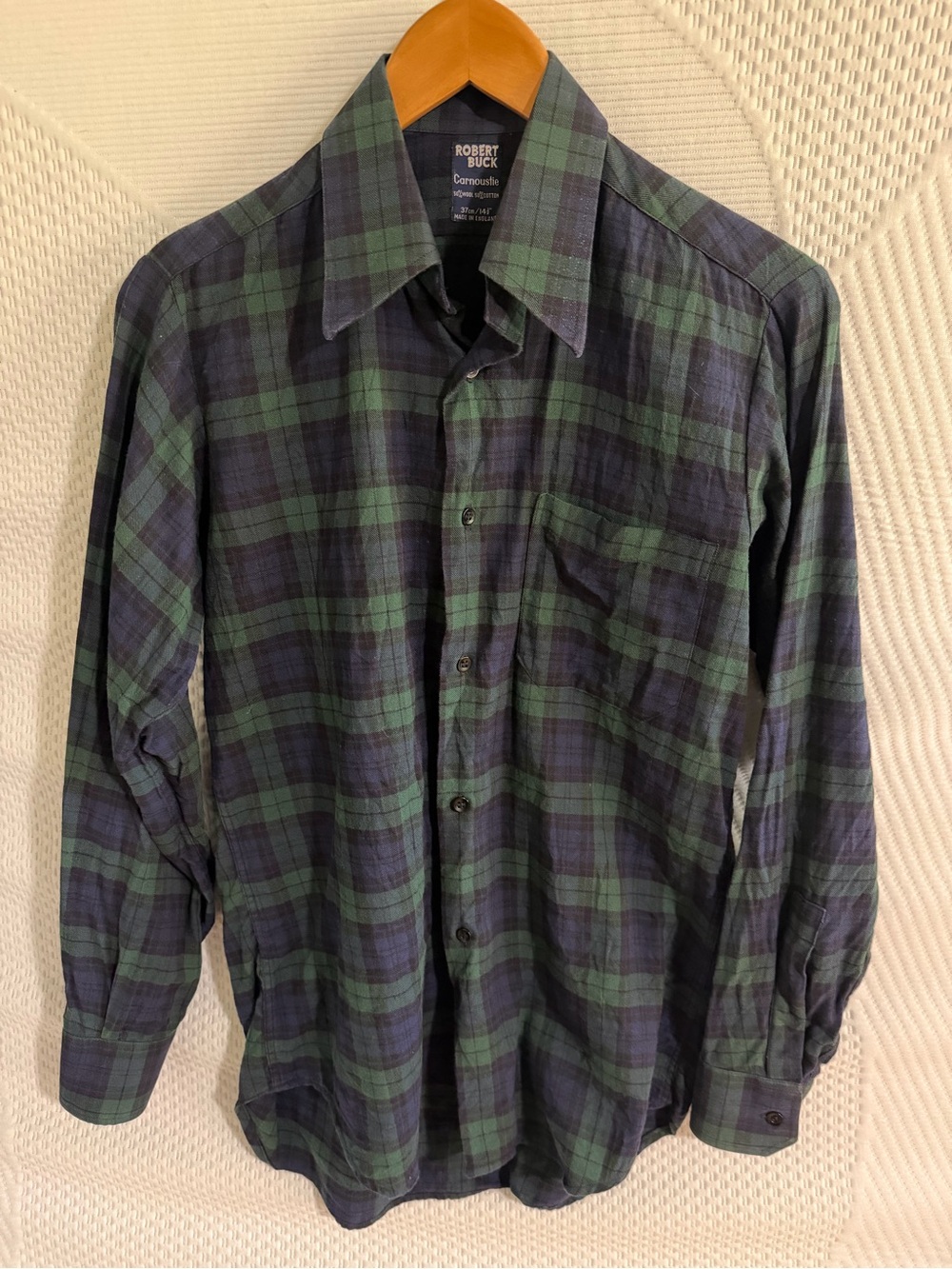 Robert Buck Green & Navy Plaid Men’s Button-Up Shirt wool/cotton 14.5
